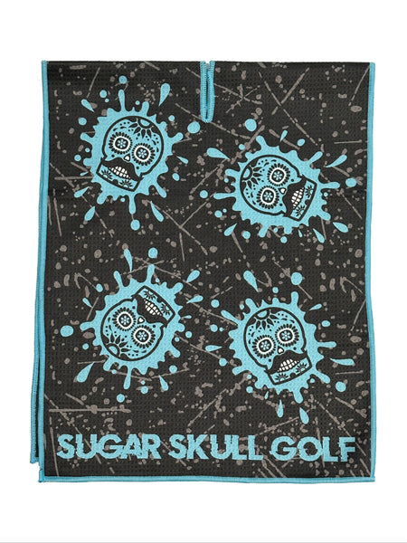 Microfiber Sugar Skull Golf Black/Light Blue Waffle Towel - 40 X 16